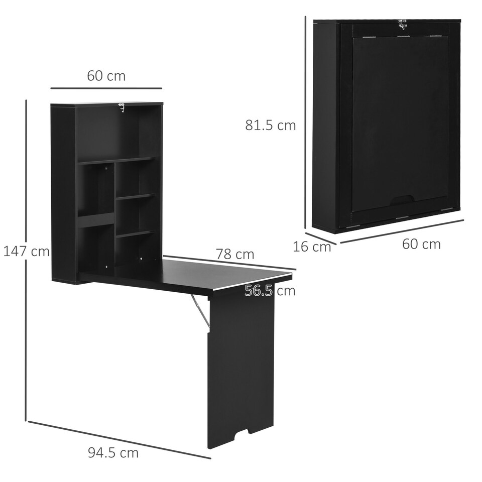 image 1 of HOMCOM Multi-Functional Folding Wall-Mounted Drop-Leaf Table w/Chalkboard Shelf