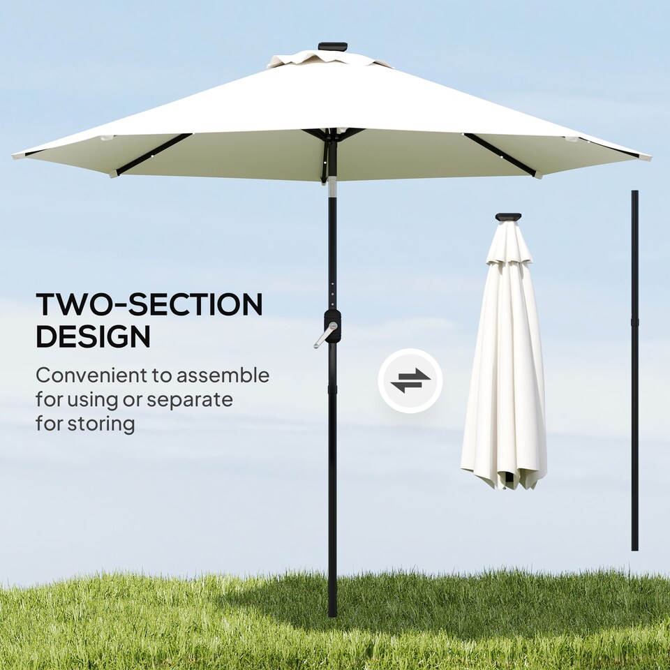 image 1 of Outsunny 2.7m Garden 24 LED Light Parasol Solar Outdoor Tilt Sun Umbrella Patio Club Party Event Manual Sun Shade w Hand Crank and 8 Ribs, Offwhite