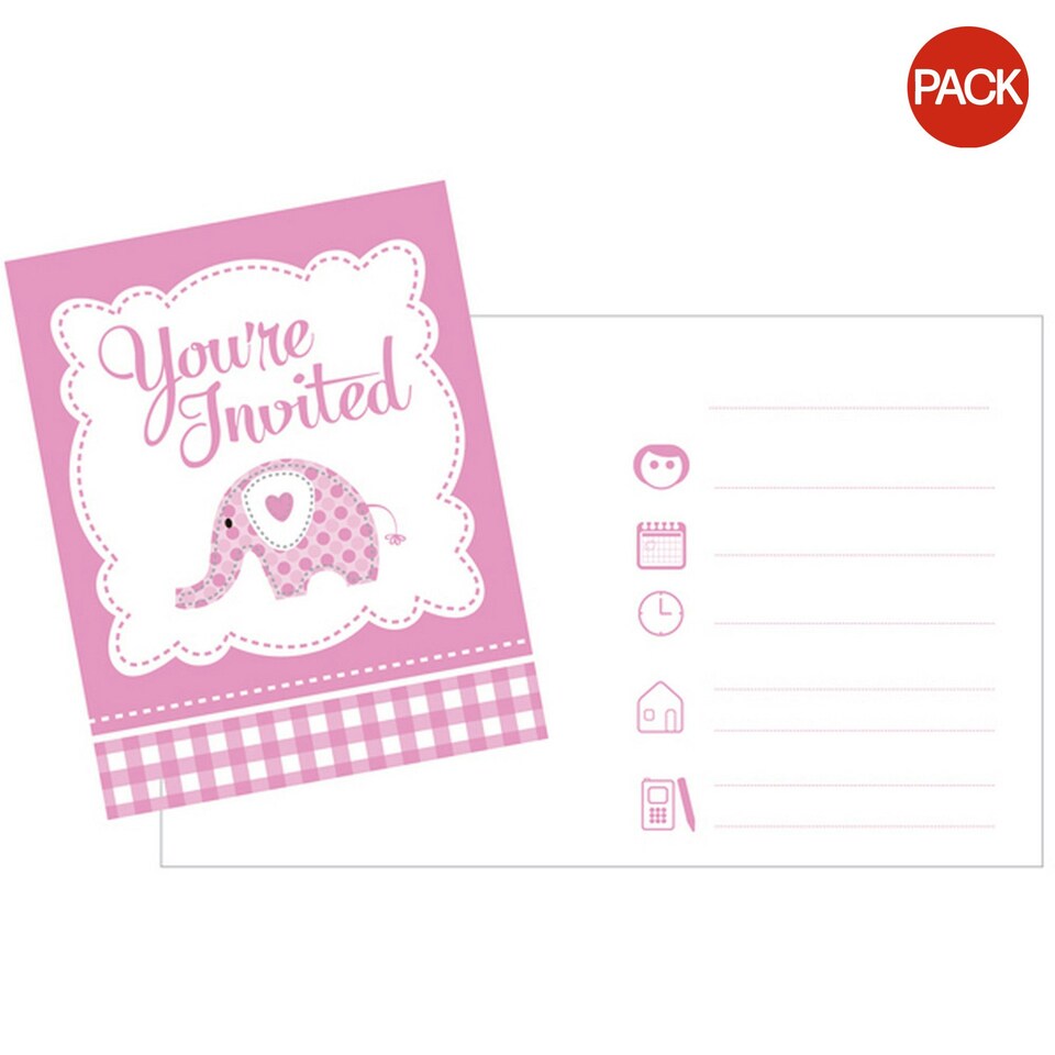 Creative Party Baby Sweet Elephant Invitations (Pack Of 8) - Pink/White - One Size