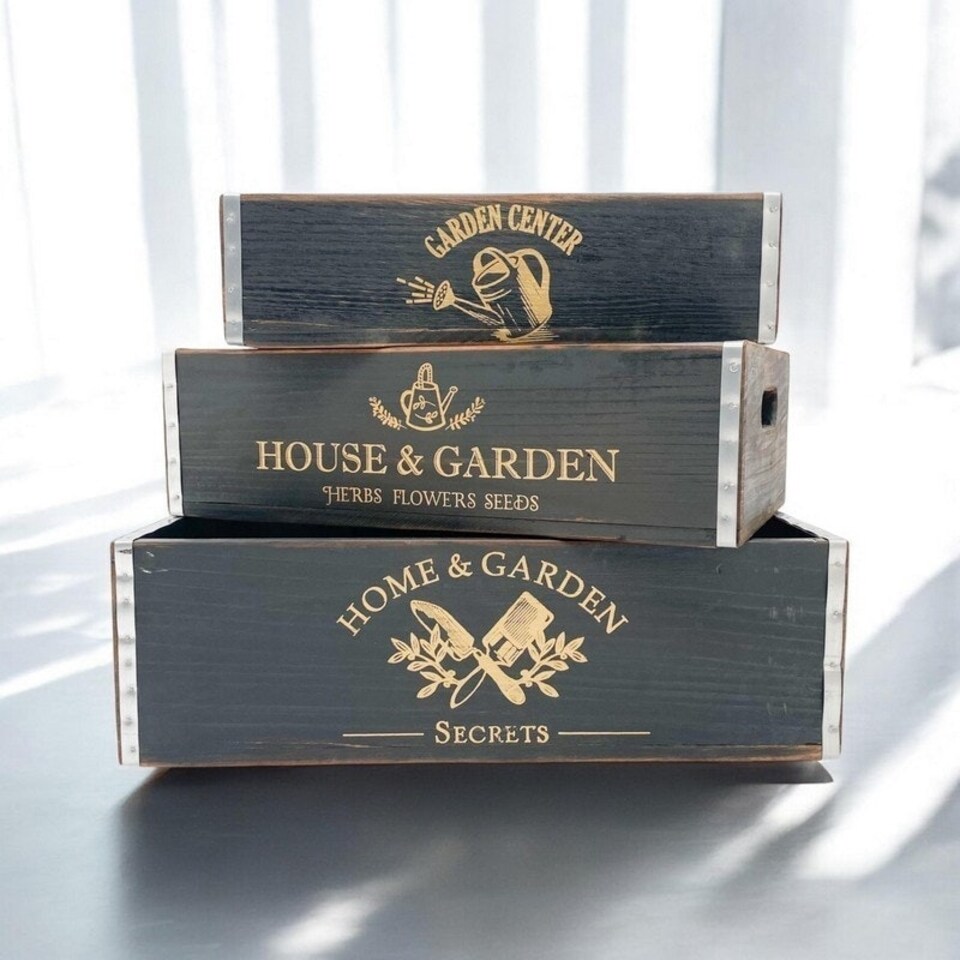 image 1 of Rustic Vintage Garden Display Planters (Set of 3) - Wood - Black Black