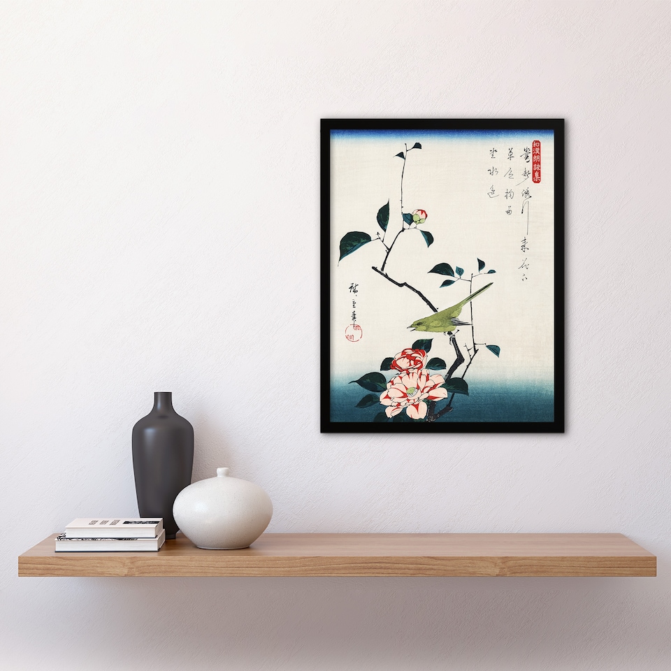 image 1 of Camellia Nightingale Japanese Vintage Framed Wall Art Print Hiroshige 12x16"