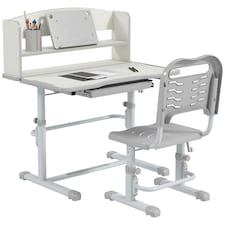 ZONEKIZ Height Adjustable Kids Desk and Chair Set, with Drawer, Bookshelf Grey