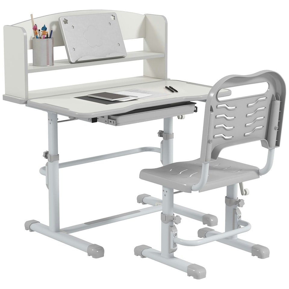 image 1 of ZONEKIZ Height Adjustable Kids Desk and Chair Set, with Drawer, Bookshelf Grey