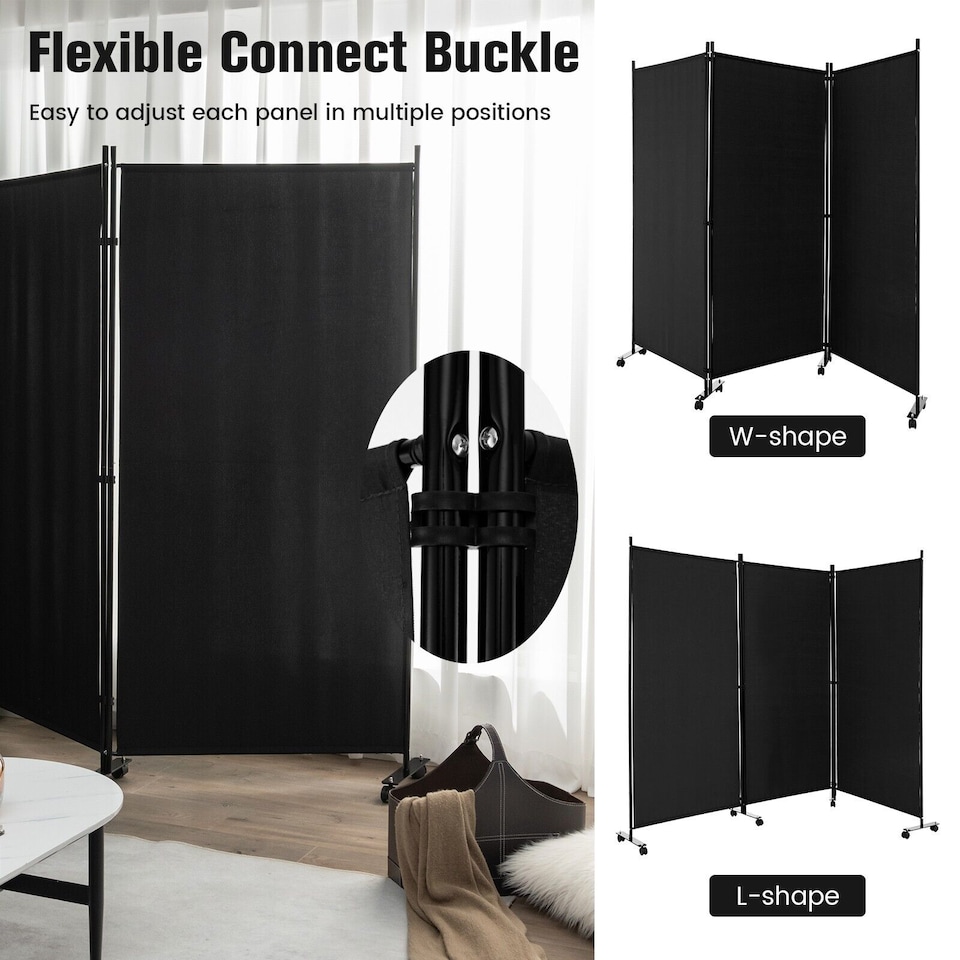 image 1 of COSTWAY 3 Rolling Privacy Screens Freestanding Panel Room Divider on Wheels Black