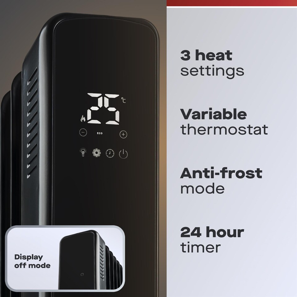 image 1 of Daewoo 1500W Digital Oil Filled Radiator with Remote 7 Fin Black