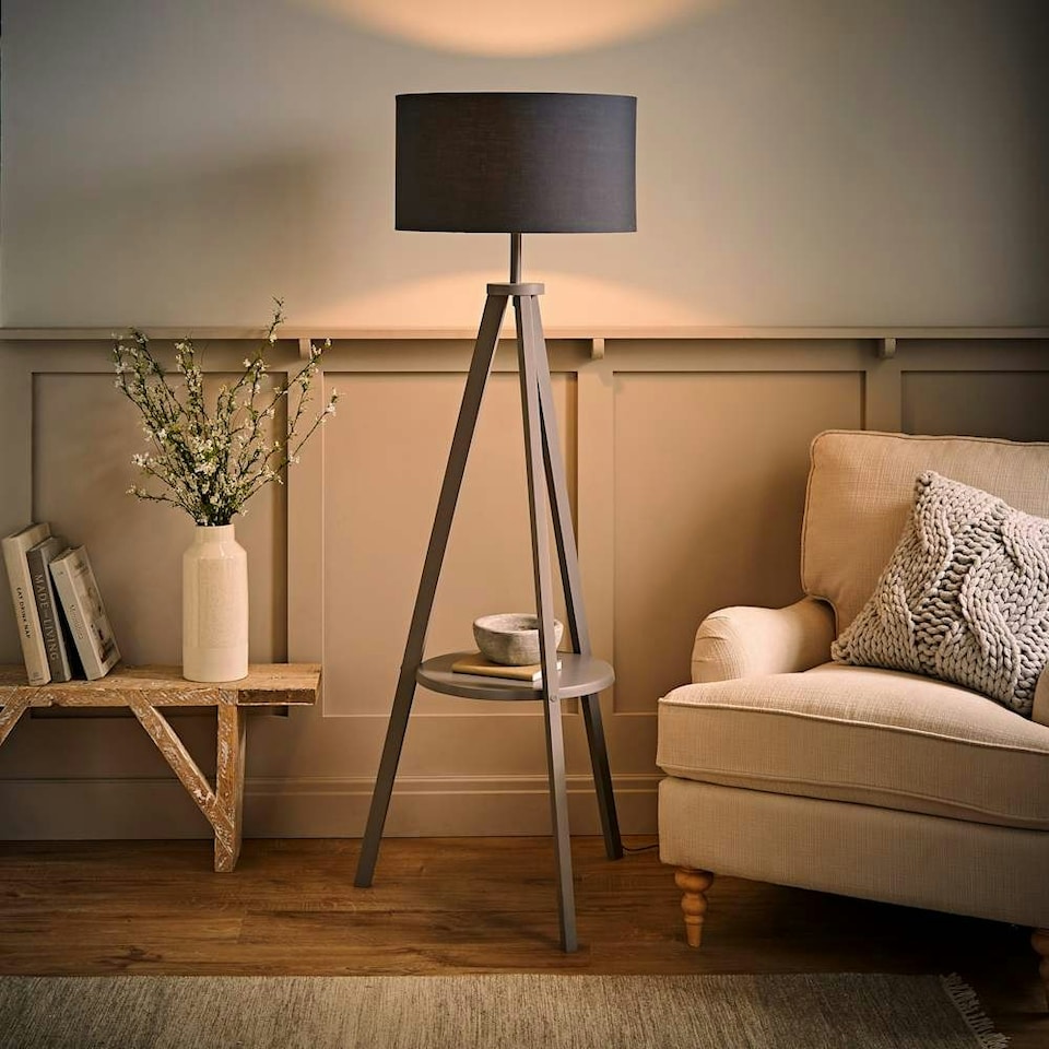 image 1 of ValueLights Morrigan Charcoal Shade Grey Wood Tripod Floor Lamp | Grey