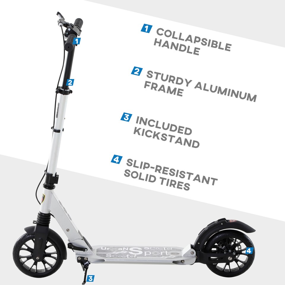 image 1 of HOMCOM Adult Teens Kick Scooter Foldable Height Adjustable Aluminium Ride On Toy for 14 older with Rear Wheel & Hand Brake, 200mm Big Wheels, Shock Mitigation System - Silver
