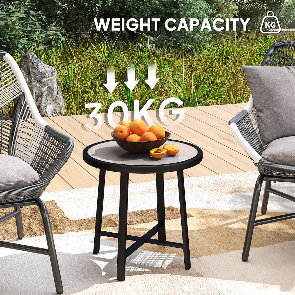 image 1 of Outsunny Round Small Garden Table, 50.5cm Outdoor Side Table with SPC Tabletop, Metal Frame and Anti-slip Foot Pads for Garden, Balcony, Grey Wood Effect | Grey | Grey