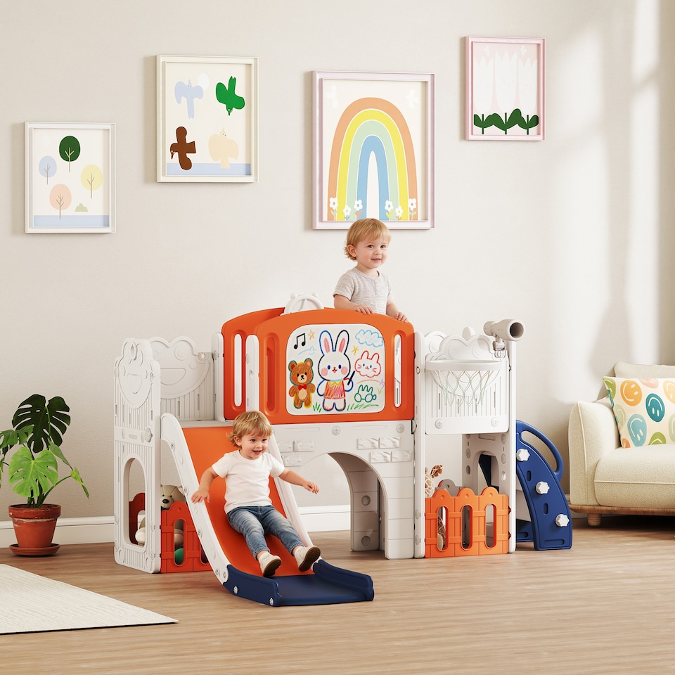image 1 of AIYAPLAY 7 in 1 Toddler Slide Set, Frog Theme Playset with Basketball Hoop | Orange | Orange & White | 176L x 150W x 94H cm