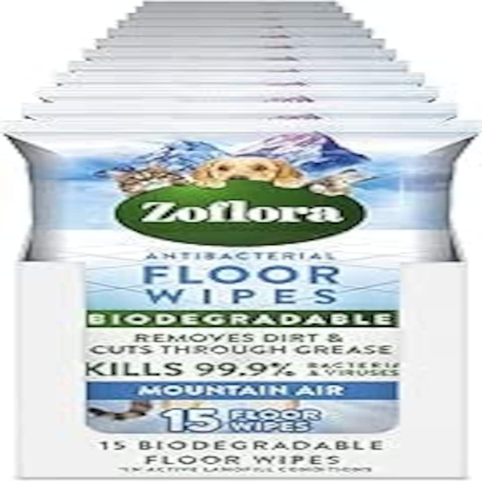 image 1 of Zoflora Mountain Air Floor Wipes, 12 Pack x 15 Pack, Antibacterial & Multi-Surface Floor Cleaning, Removes Dirt & Odours, Kills 99.9% of Bacteria & Viruses.