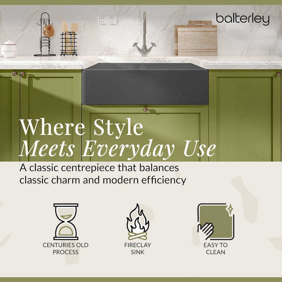 image 1 of Fireclay 2 Bowl Butler Kitchen Sink Full Weir Dark Grey 795x500mm | Grey | Soft Black | 500 x 795 x 220mm | 1