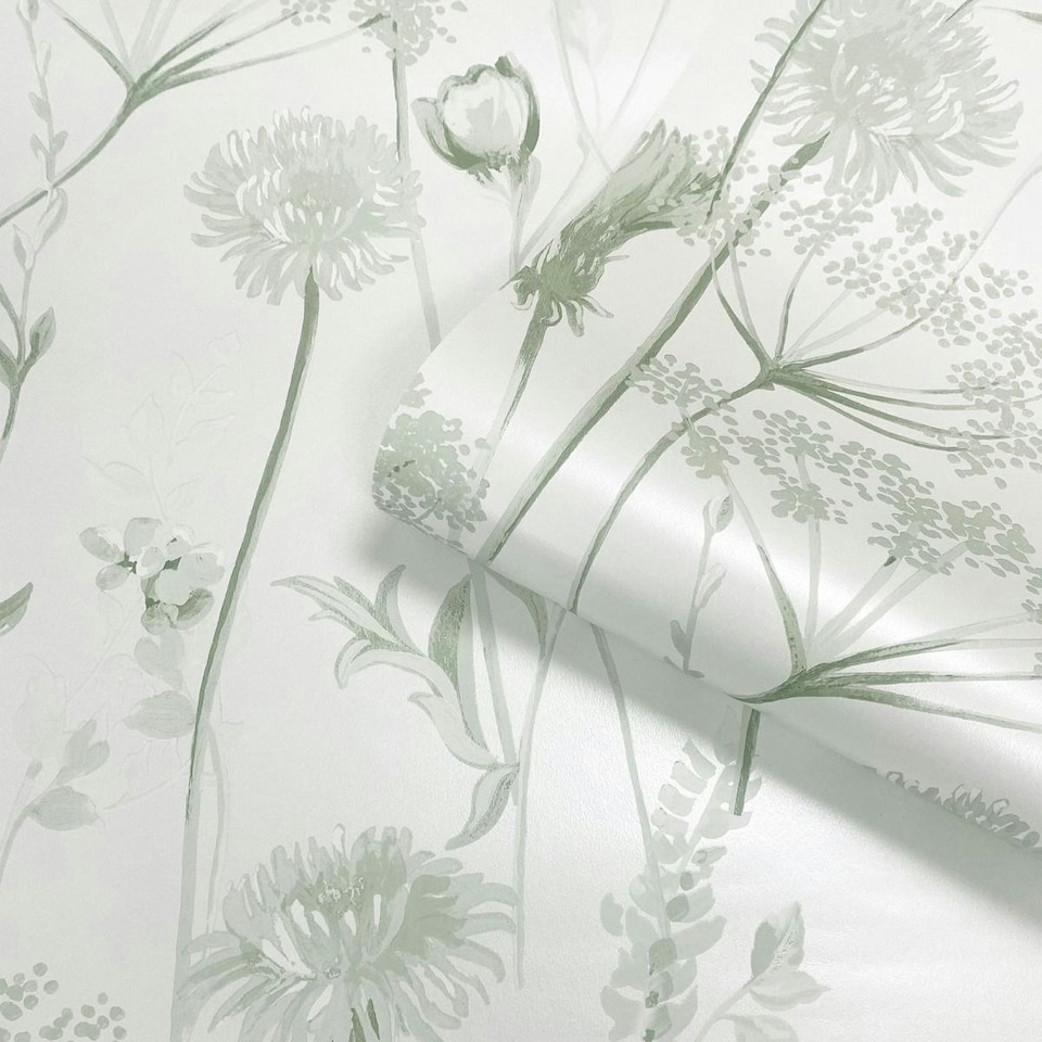 image 1 of Muriva Catherine Lansfield Meadowsweet Floral Wallpaper - Sage Green - 10m x 53cm Green