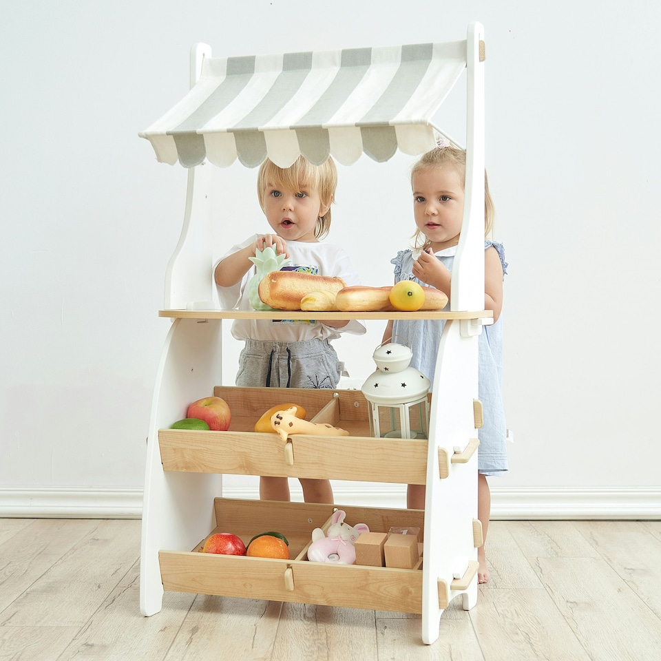 image 1 of Hooga Kids Wooden Toy Shop, Role Play Shop Market Stand With Realistic Shelving and Fabric Canopy