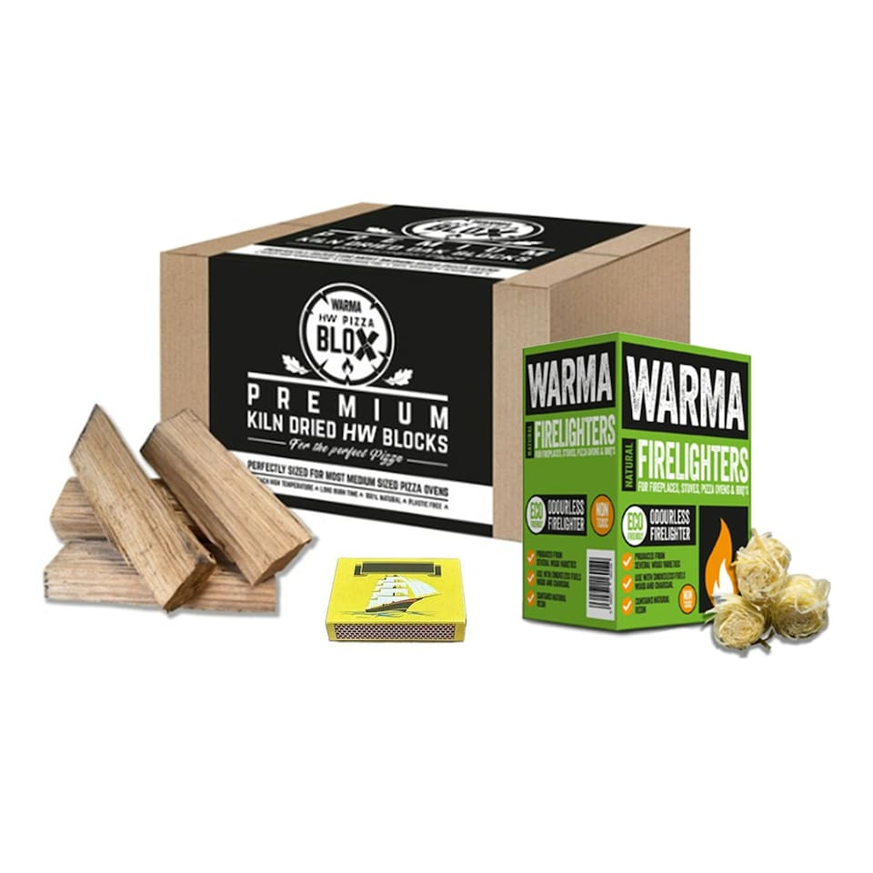 image 1 of Warma Hardwood Pizza Blox Bundle - 1 x Box, 1 x Box of 30 Eco Wood Wool Firelighters & Matches