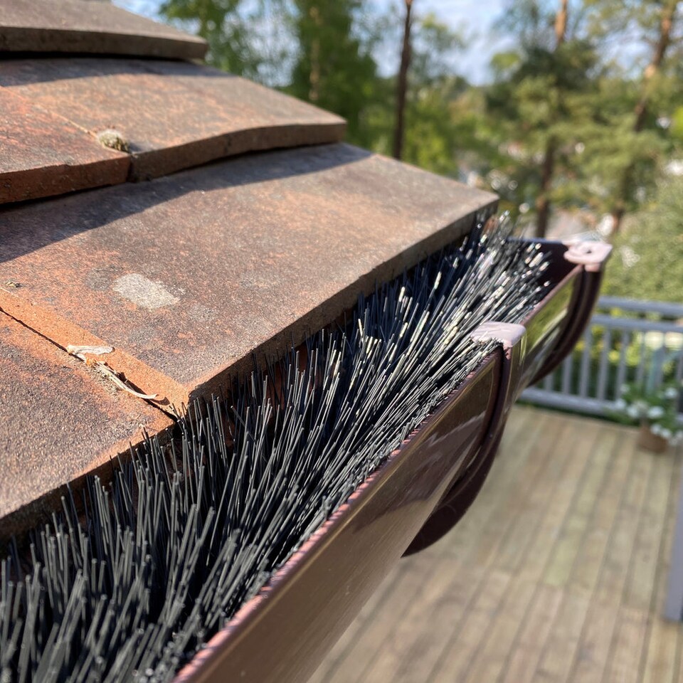 image 1 of 60m Black Gutter Brush Leaf & Moss Guard Protection with Set of 12 Downpipe Plugs