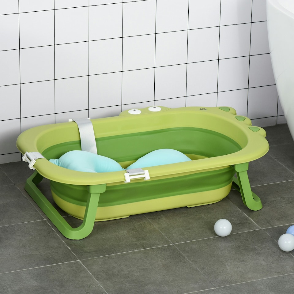 image 1 of HOMCOM Baby Bath Tub for Toddler Foldable w/ Baby Cushion for 0-3 Years Green