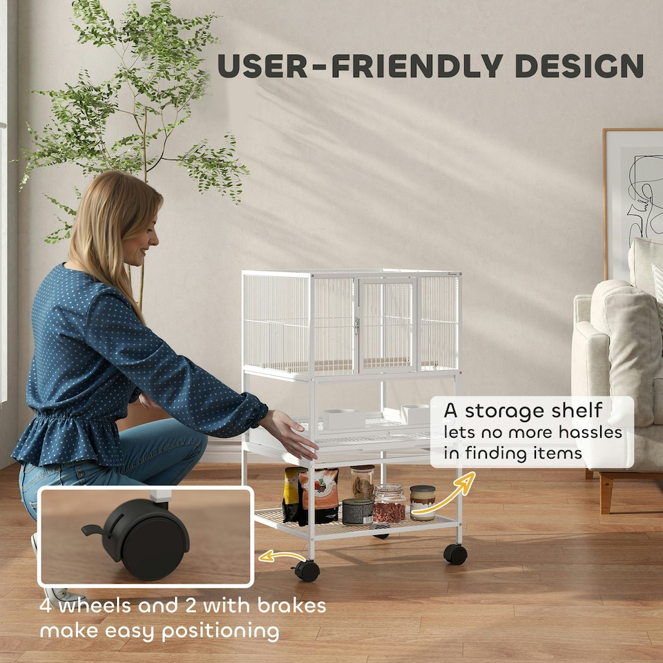 image 1 of PawHut Bird Cage Parrot Cage with Rolling Stand Acrylic Viewing Panels White