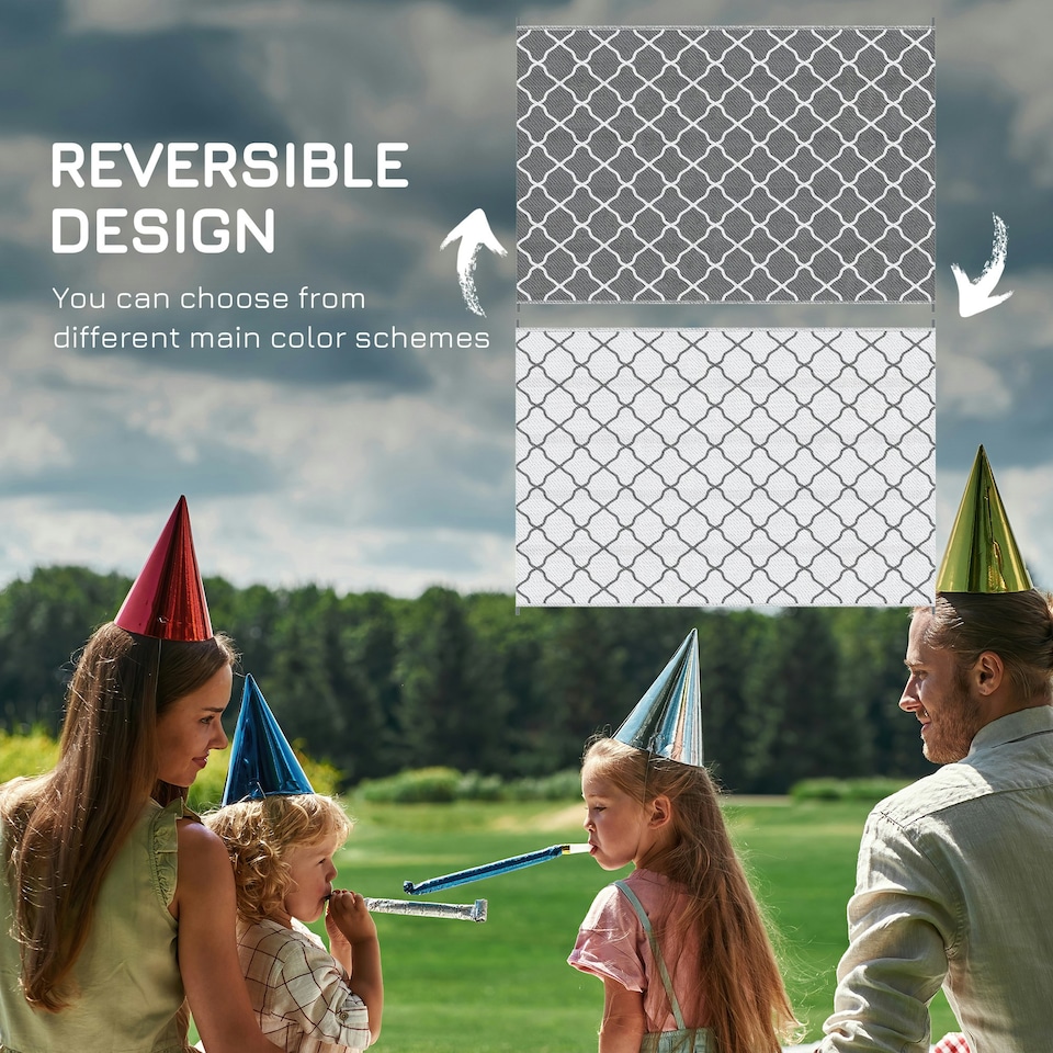 image 1 of Outsunny Reversible Waterproof Outdoor Rug W/ Carry Bag, 182 x 274 cm Grey | Grey and White