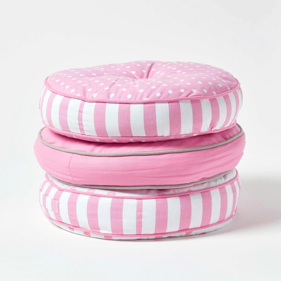 image 1 of Homescapes Pink Polka Dots & Stripes Round Floor Cushion