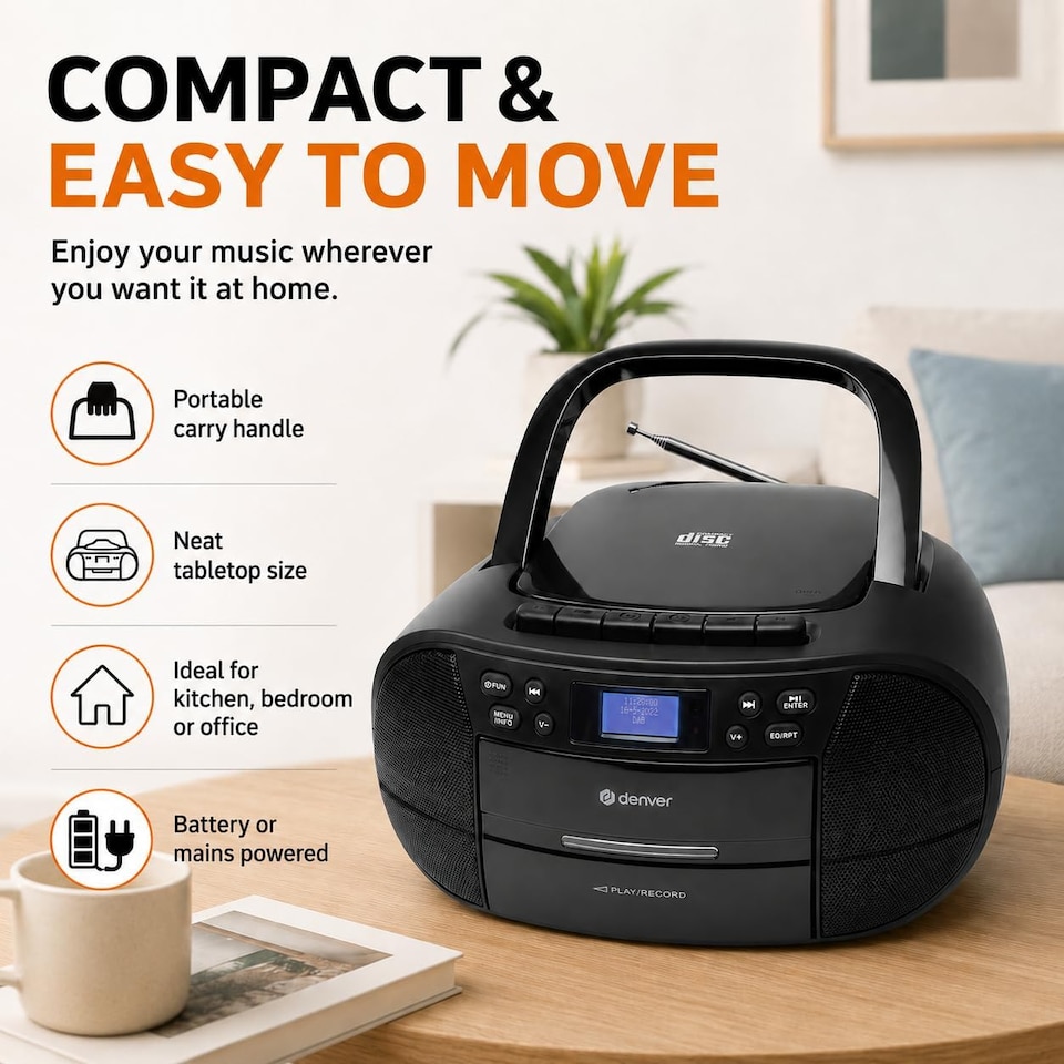 image 1 of Denver Portable Radio CD Tape Cassette Player With DAB Radio – Mains or Battery Power - TDC-280 | Black