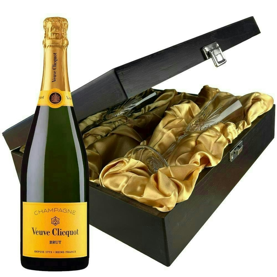 Veuve Clicquot Brut Yellow label Champagne and Flutes in Wooden Hinged Presentation Box 75cl 12% abv
