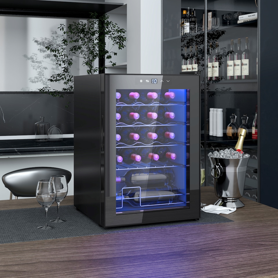 image 1 of HOMCOM 53L Wine Cooler, 20 Bottles, 5-18℃ Freestanding Wine Fridge with Glass Door, LED Light, Temperature Control and Digital Touch Screen, Black