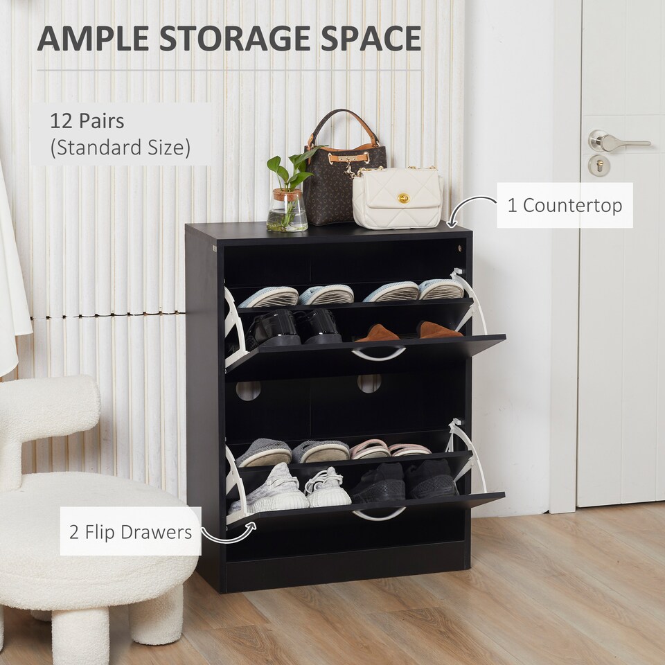 image 1 of HOMCOM 2 Drawer Shoe Cabinet, Narrow Shoe Storage Cabinet with Flip Doors and Adjustable Shelves, Slim Shoe Cupboard for 12 Pairs of Shoes for Entryway, Hallway, Black