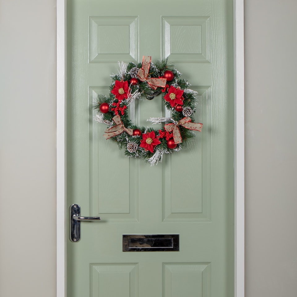 image 1 of Premier 40cm Christmas Red Dressed Festive Wreath With Baubles Bows And Pinecones