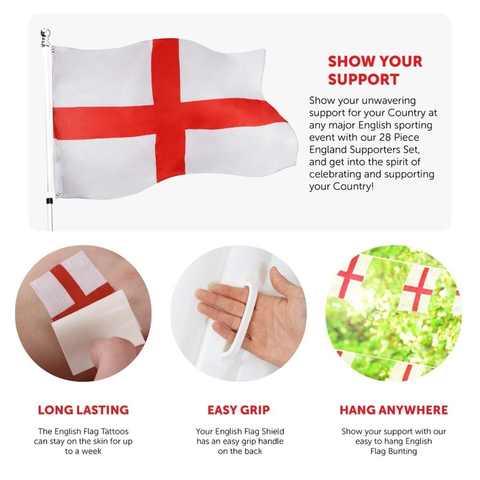 image 1 of Pack of 1 28 Piece England Set - Flags, Bunting, Tattoos, Inflatables & Hats Red | One Size