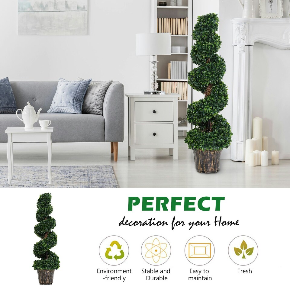 image 1 of Outsunny 2 Pack Artificial Boxwood Spiral Tree Decorative Plant w/ Pot