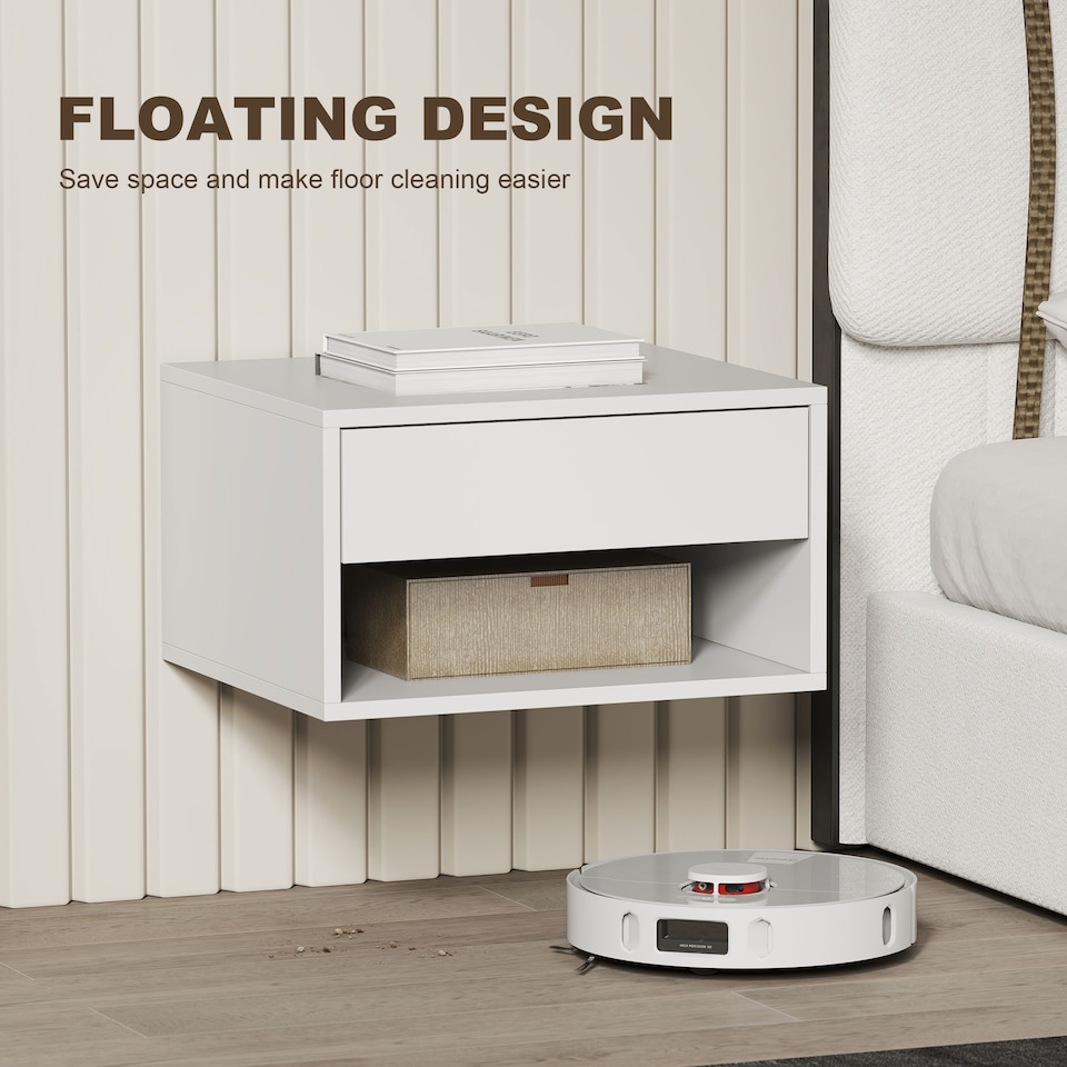image 1 of HOMCOM Floating Nightstands Set of 2, Bedside Table w/ Drawer and Open Shelf | White