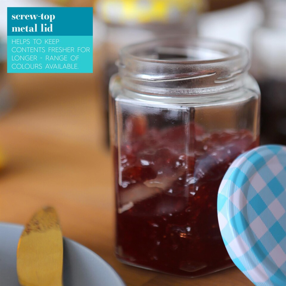 image 1 of Argon Tableware Hexagonal Glass Jam Jars with Blue Gingham Lids - 250ml - Pack of 24