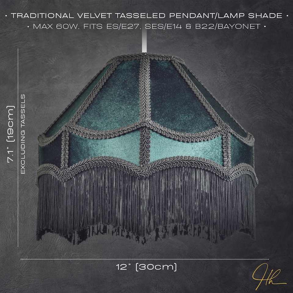 image 1 of Traditional Victorian Empire Lampshade in Dark Emerald Velvet with Tassels | Green
