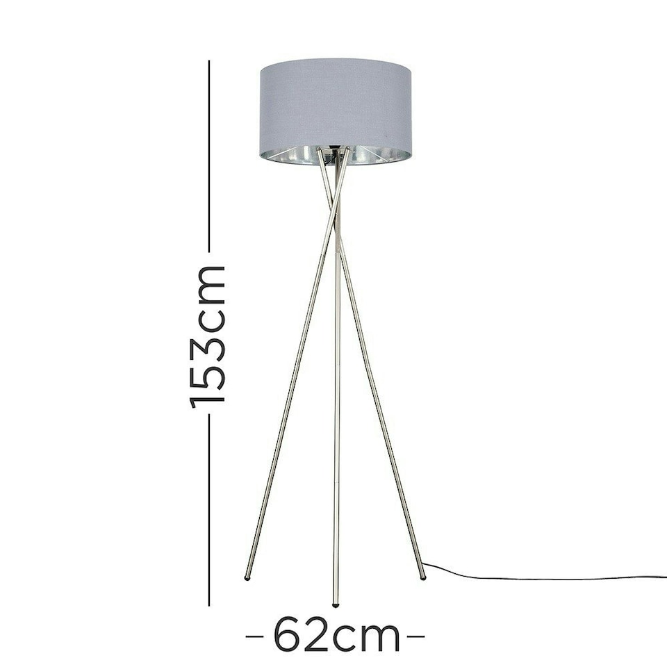 image 1 of ValueLights Camden Brushed Chrome Tripod Floor Lamp Grey & Silver Shade & Bulb Silver