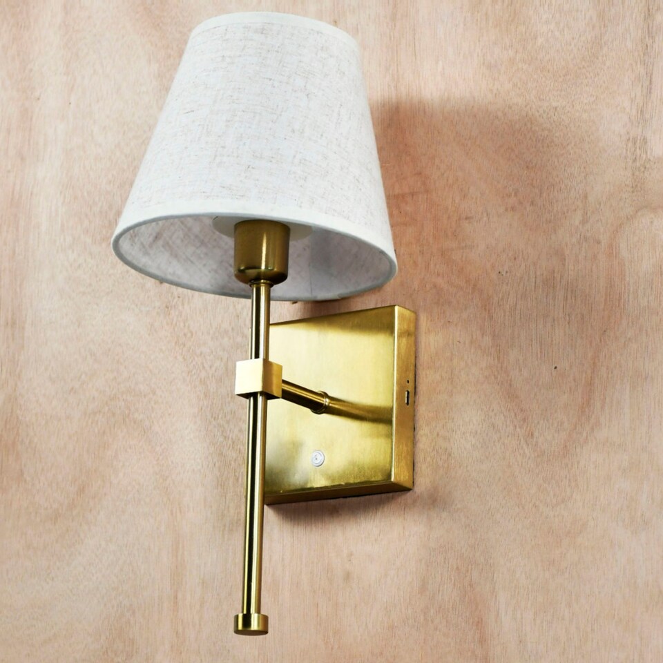 image 1 of Horrace - Satin Brass Rechargeable Wall Light with Linen Shade
