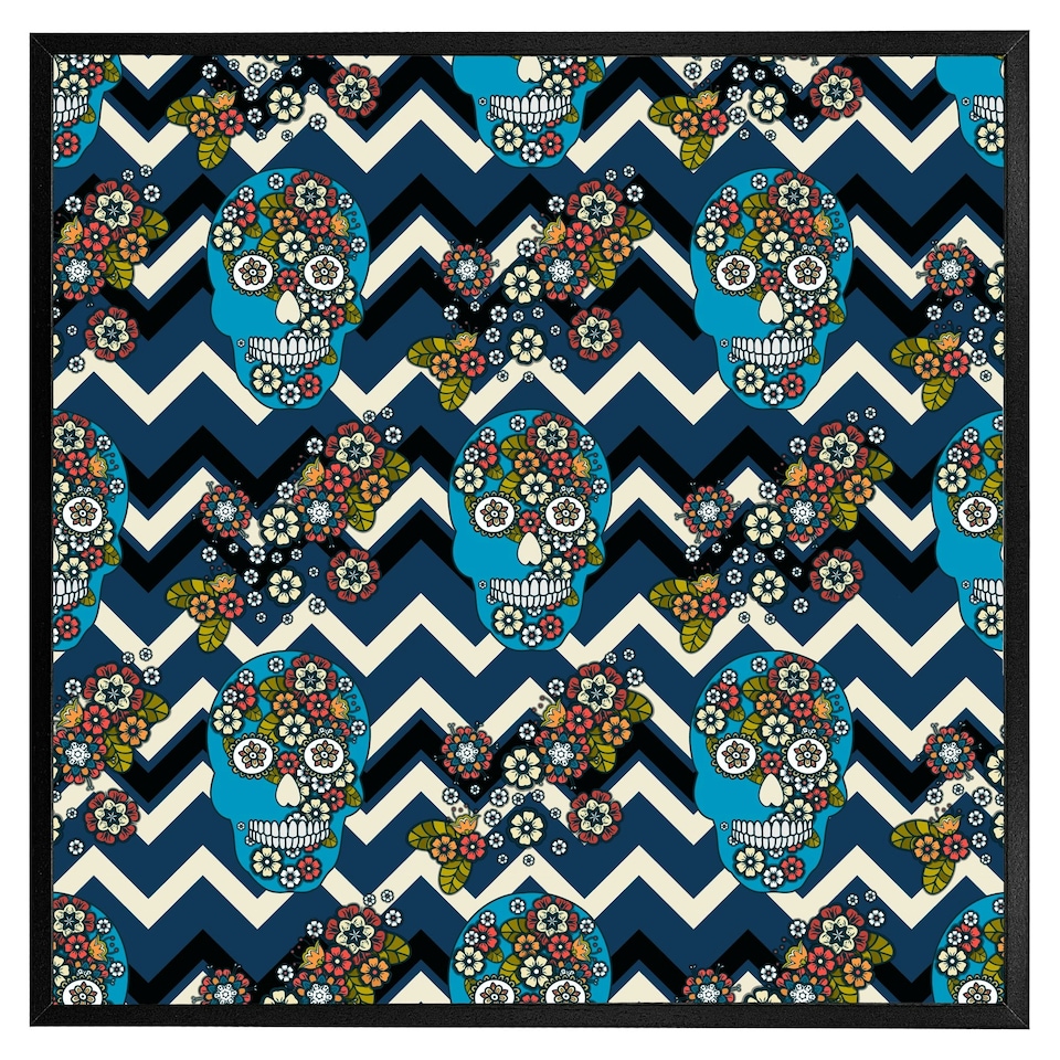 image 1 of Embroidery colourful simplified ethnic skull blue pattern (Picutre Frame) Black | XS