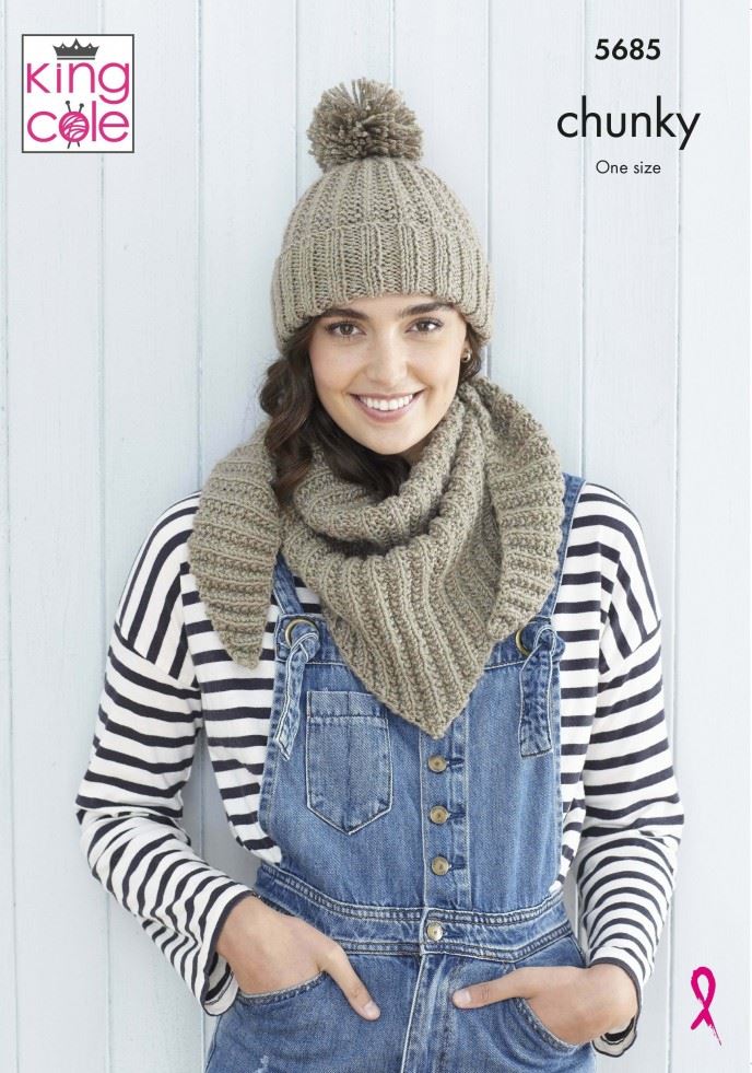 King Cole Subtle Drifter Chunky Knitting Pattern 5685, Headwear and Shawls for Women - One Size