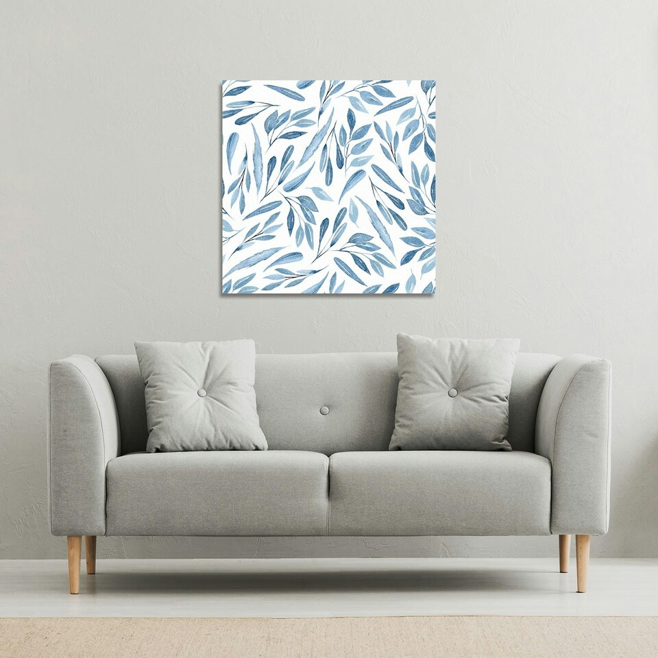 image 1 of watercolour blue branches with leaves (Canvas Print) 90 x 90 x 4cm
