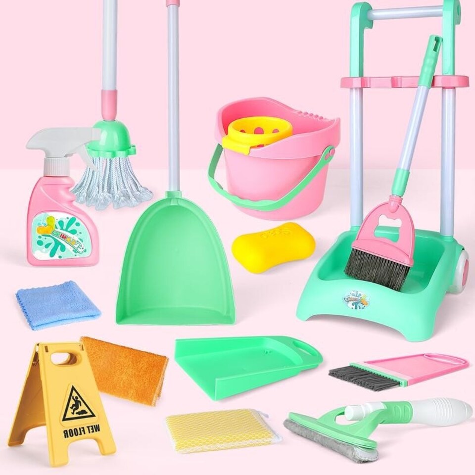 image 1 of Kids Cleaning Trolley Set - Housekeeping Pretend Play Set with Broom, Mop, Brush & Dustpan - Fun Cleaning Toys for Boys & Girls Aged 3-6, Perfect Gift for Toddlers