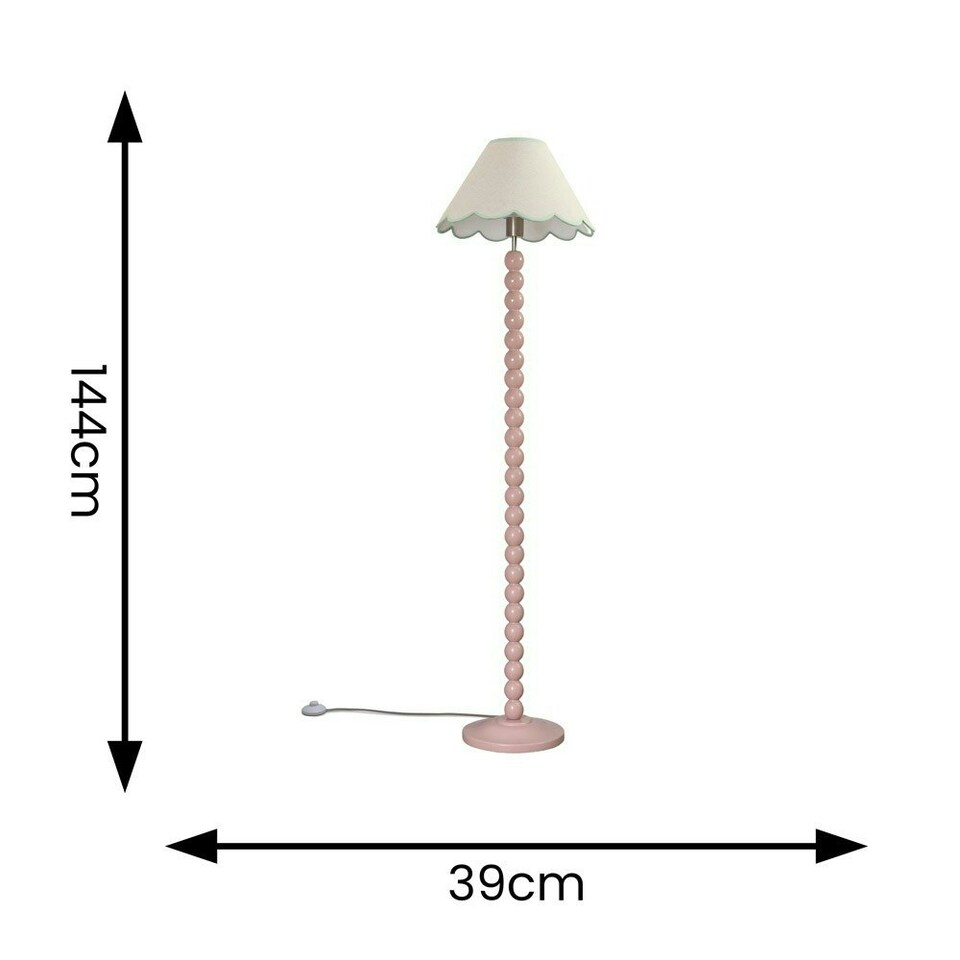image 1 of ValueLights Bobbles Rose Pink Bobbin Floor Lamp with Green Trim Scallop Shade & LED Bulb