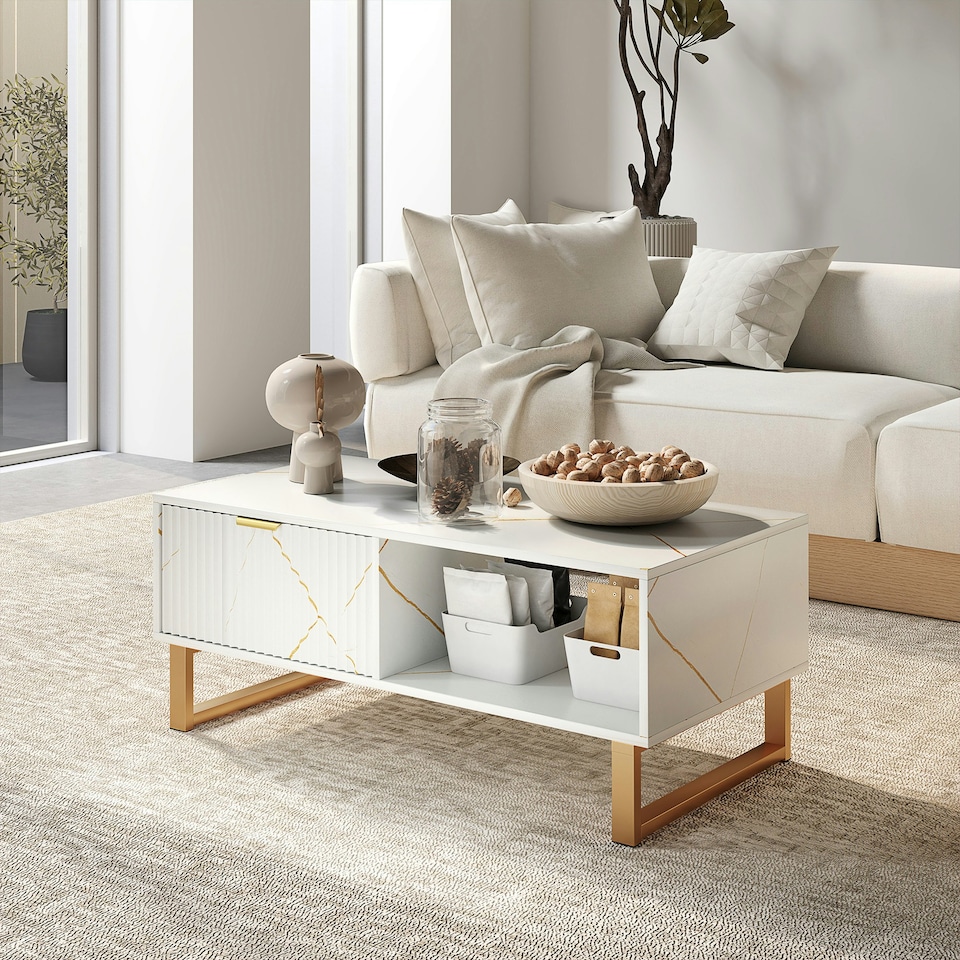image 1 of HOMCOM Marble-Effect Coffee Table with Storage, Living Room Table with Drawer and 2 Open Shelves, Modern Centre Table with Fluted Door, Black