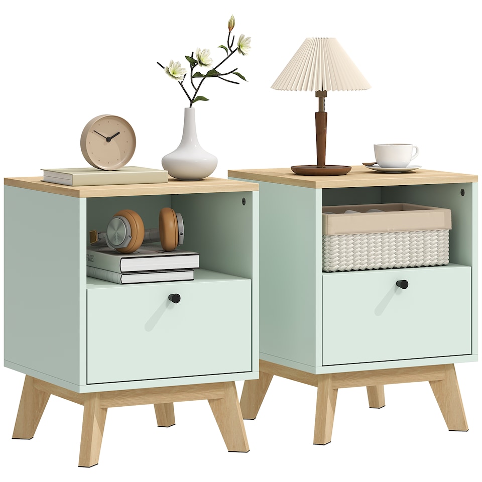 image 1 of HOMCOM Modern Nightstand Set of 2, Bedside Table with Drawer and Open Shelf