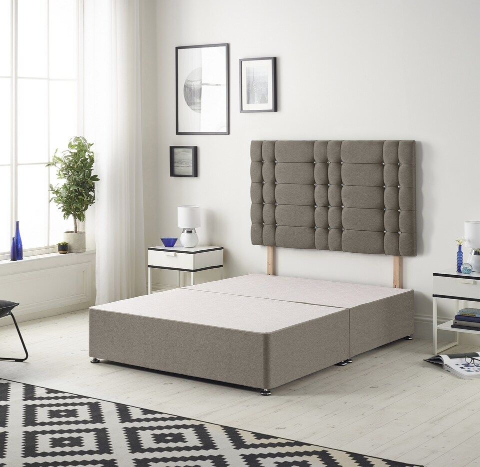 image 1 of Astoria Divan Bed Base with 30 Inch Diamonte Button Headboard Tweed Fabric | Brown | Coffee | Single