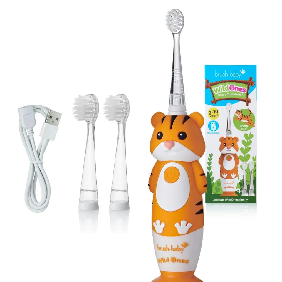 image 1 of Brush Baby WildOnes™ Tiger Kids Electric Rechargeable Toothbrush & Applemint Toothpaste