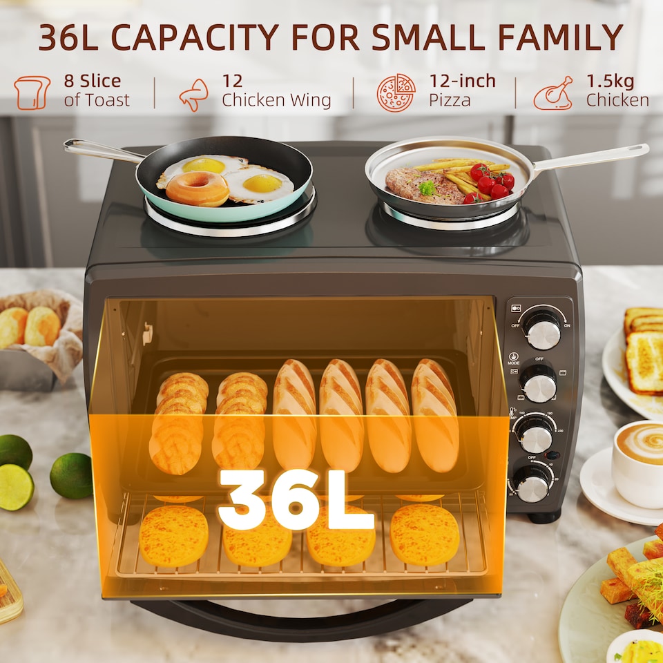 image 1 of HOMCOM 36L Countertop Toaster Oven with 2 Hot Plates, Grill, Roast, Bake