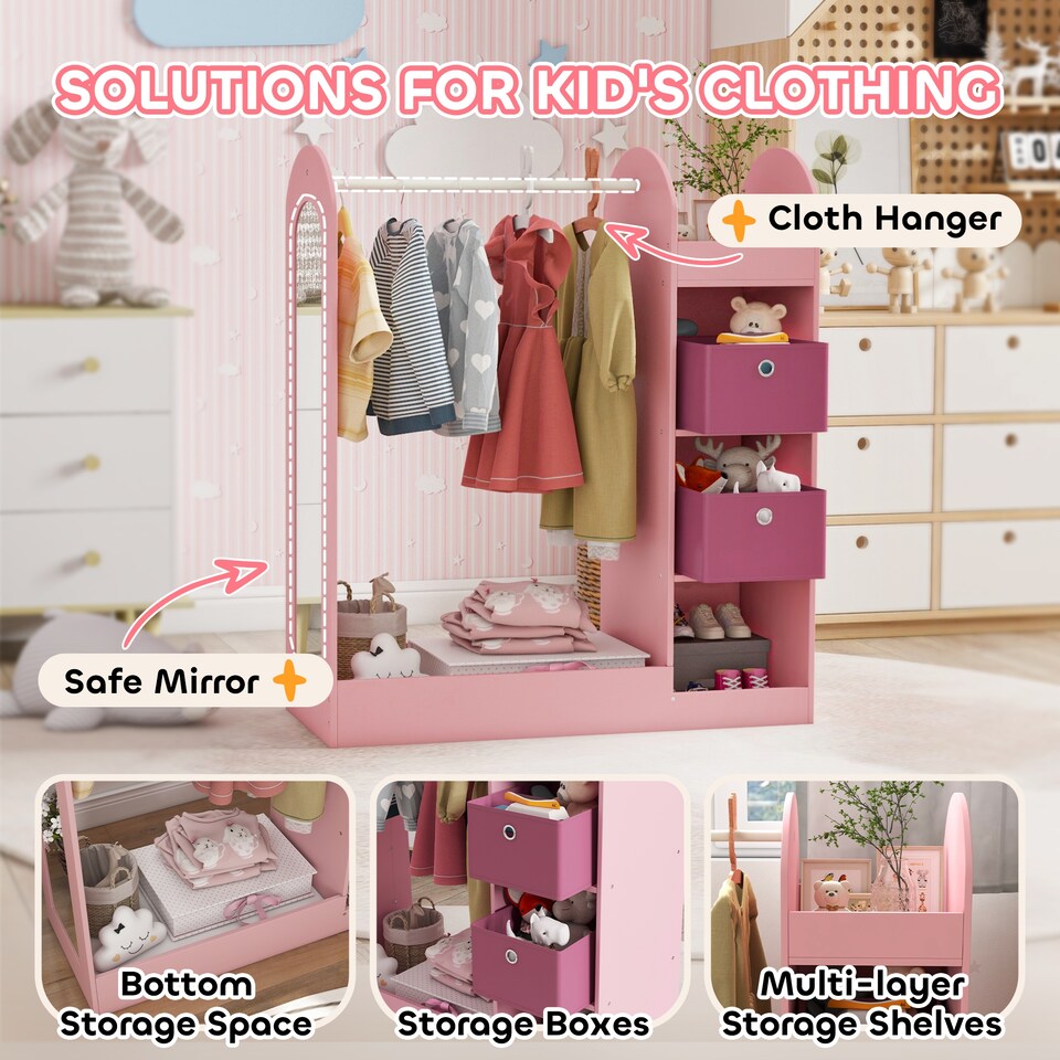 image 1 of AIYAPLAY Kids Clothes Rail with Storage Shelf, Boxes, Mirror | Pink