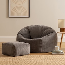 Kingston Cord Adults Bean Bag Chair and Pouffe, Ready Filled Beanbag and Footstool Charcoal Grey | Grey | Charcoal Grey | 2