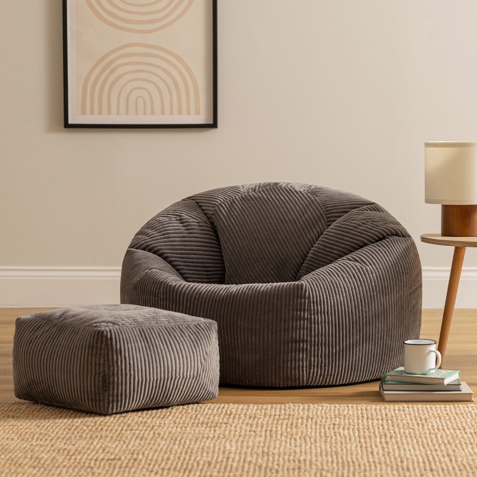 image 1 of Kingston Cord Adults Bean Bag Chair and Pouffe, Ready Filled Beanbag and Footstool Charcoal Grey | Grey | Charcoal Grey | 2