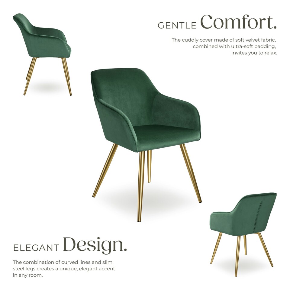 image 1 of Chair Marilyn - with armrests, padded, velvet look, golden steel legs - Set of 4 Green | Dark Green/Gold