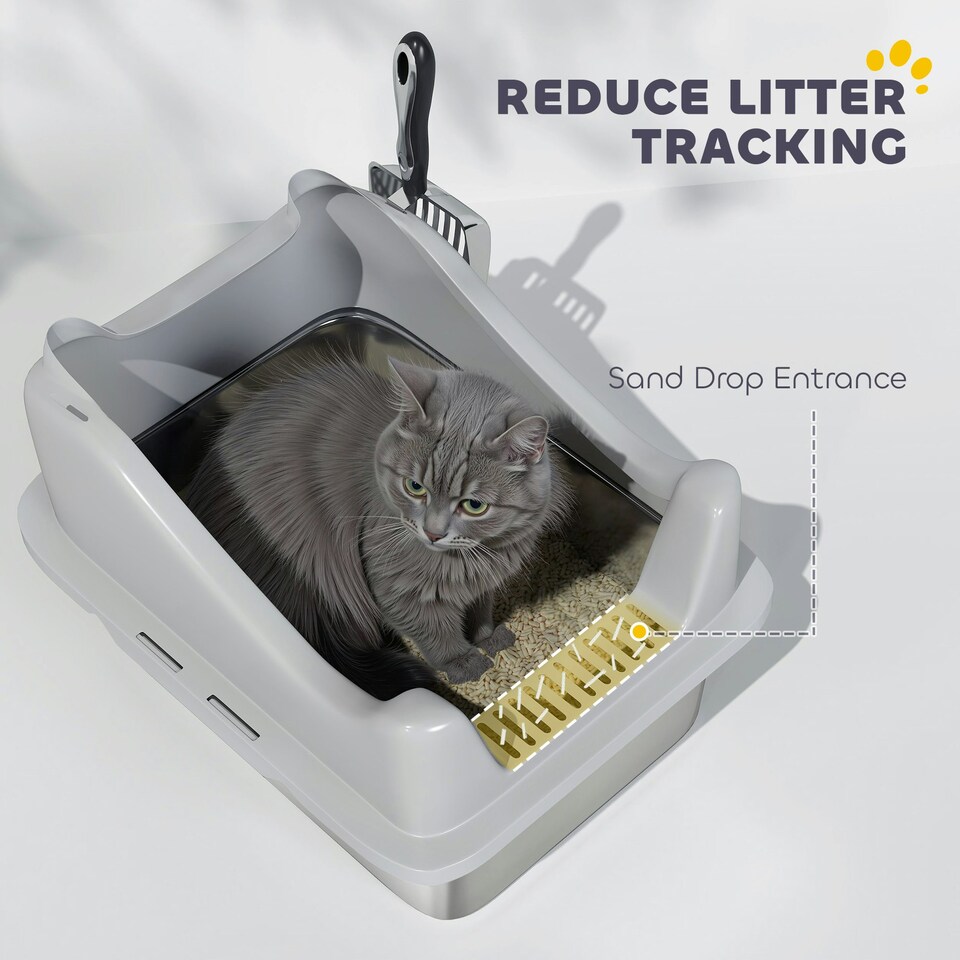image 1 of PawHut Stainless Steel Cat Litter Box with High Sides Grey | M